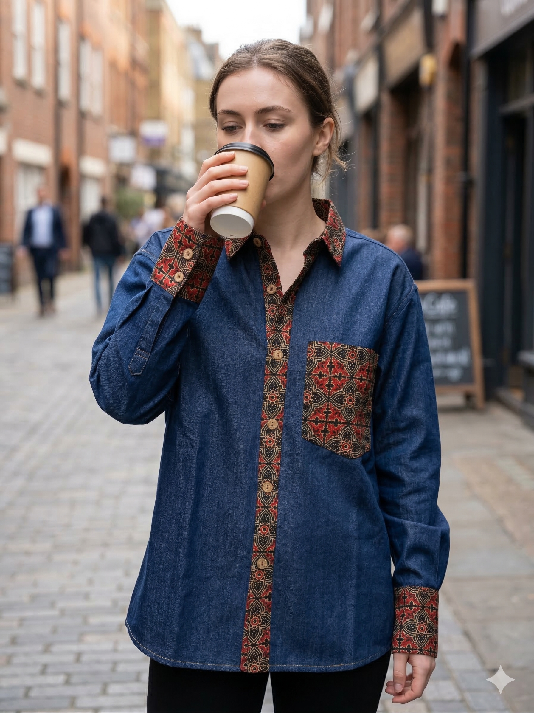 Woman wearing a blue shirt with intricate patterns, drinking from a coffee cup on a street.