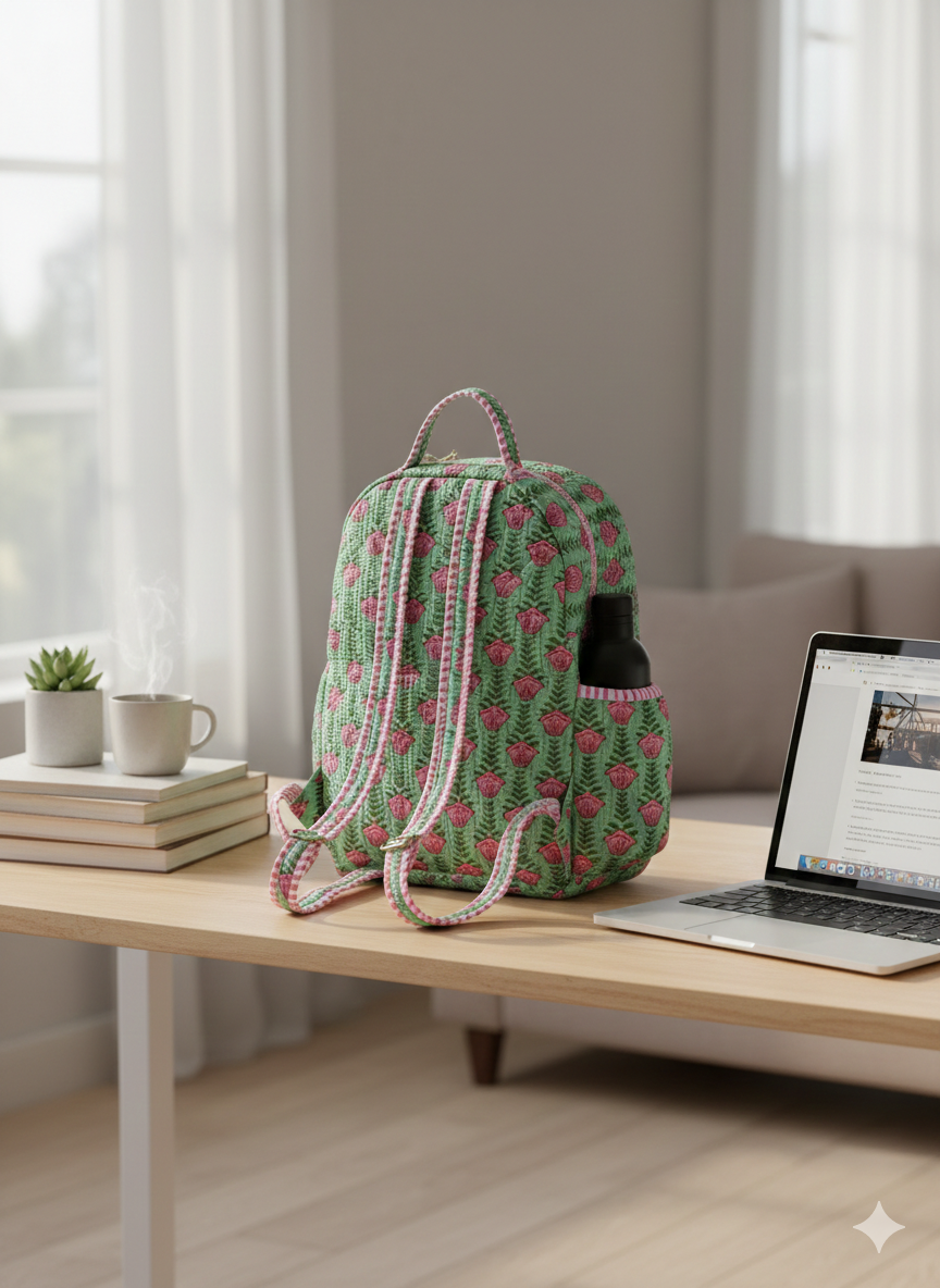 Green and pink floral quilted backpack o a study table