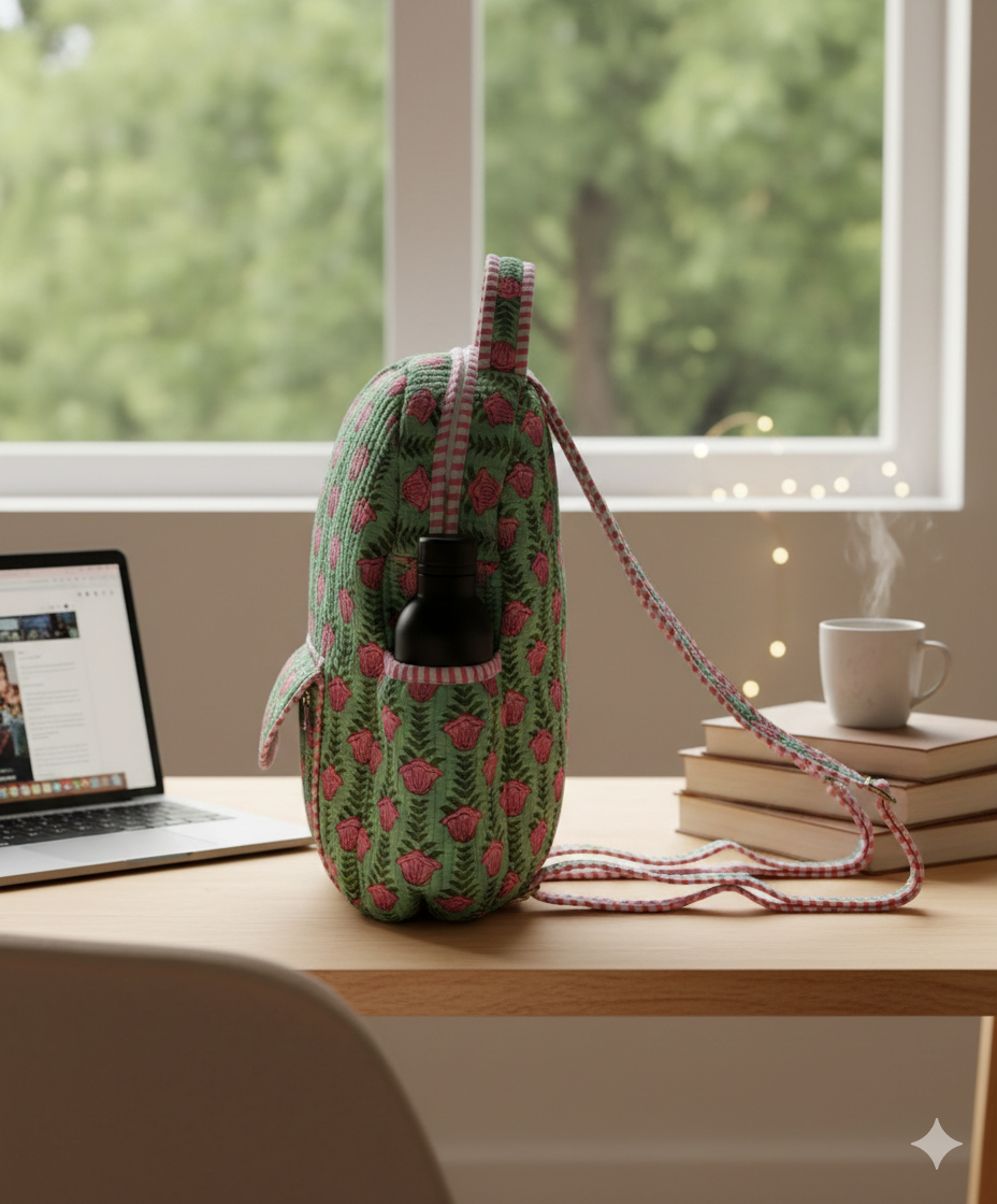 Side view of a green cotton floral quilted backpack with a black bottle in teh side pocket, kept on a study table along side a laptop and books. 