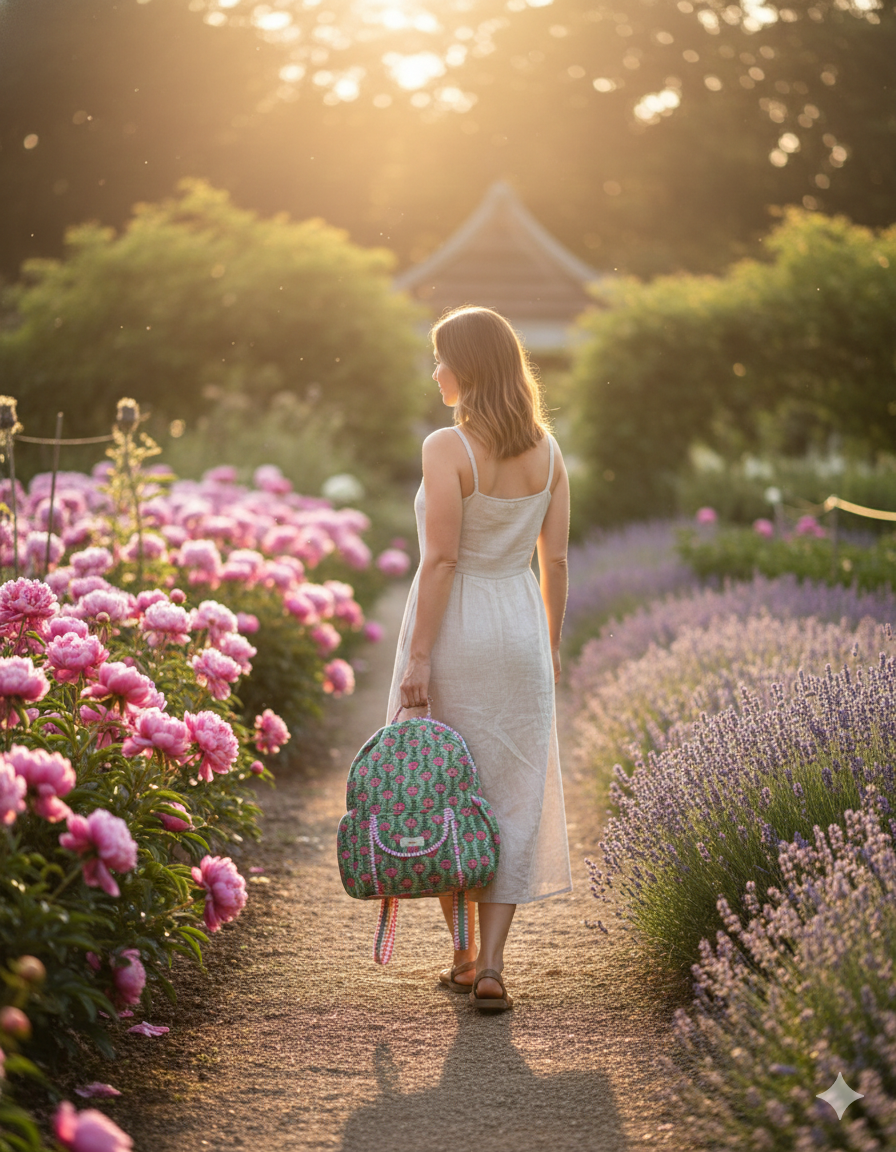 Woman walking through a garden with flowers and a colorful floral quilted backpack in her hand