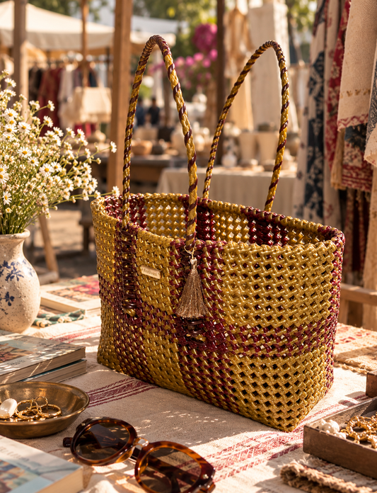 A woven tote bag with gold and burgundy checkered handles and body, styled on a table at an outdoor market with sunglasses, a vase with flowers and other boho accessories.