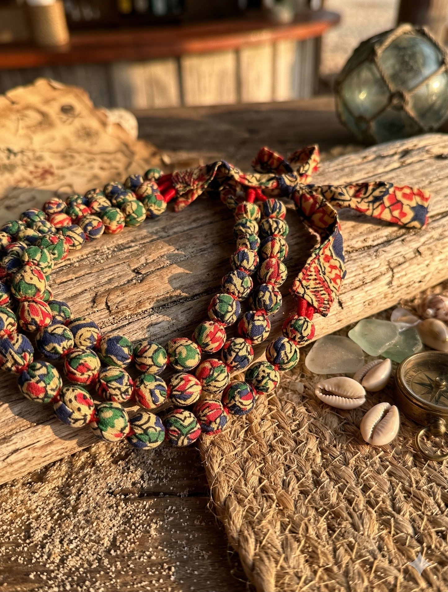 Colorful beaded layered fabric necklace  on a wooden surface with natural light