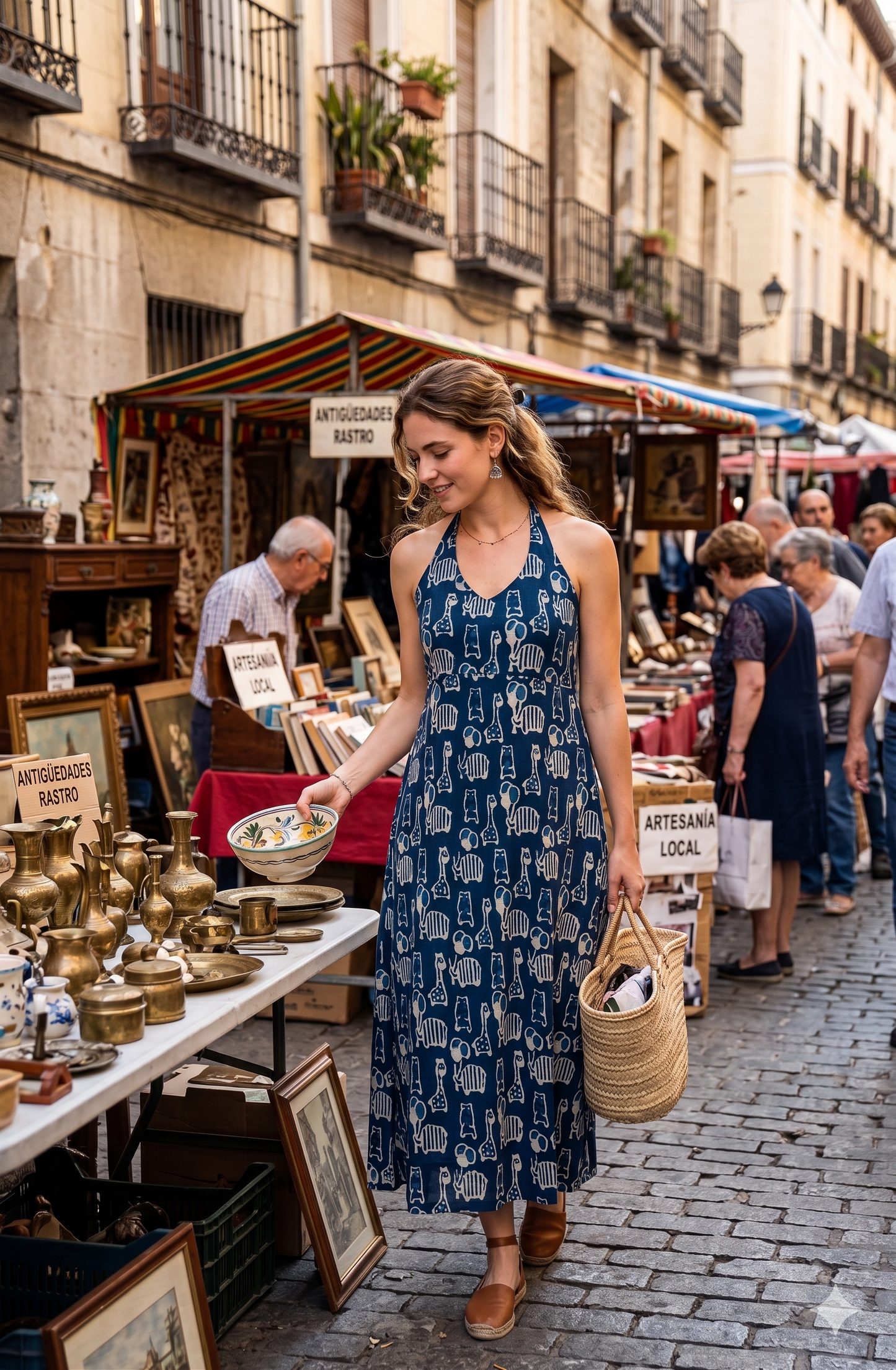 A woman in a blue halter-neck blockprint dress walking through an outdoor market in a European city.