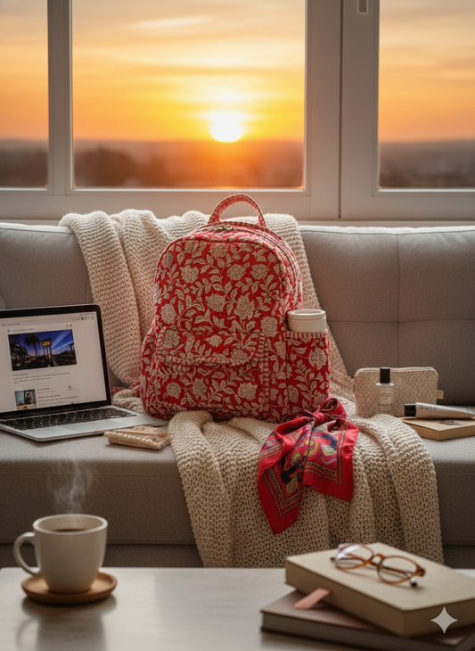 Floral Quilted Backpack with a coffee holder in the side pocket, on a couch alongside  a laptop, mug, and books and a sunset view.
