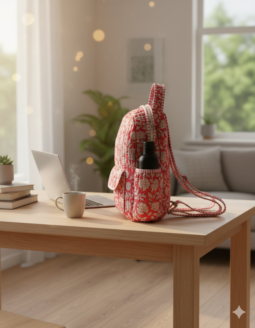A side view of a Floral-patterned backpack on a wooden table with a laptop and mug in a bright room. The bag has a black bottle in its side pocket. 