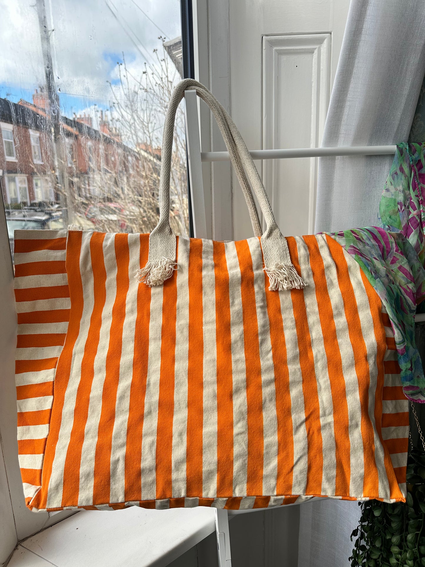 Tangerine Cabana Cotton Oversized Striped Travel Bag with Fringed Edges