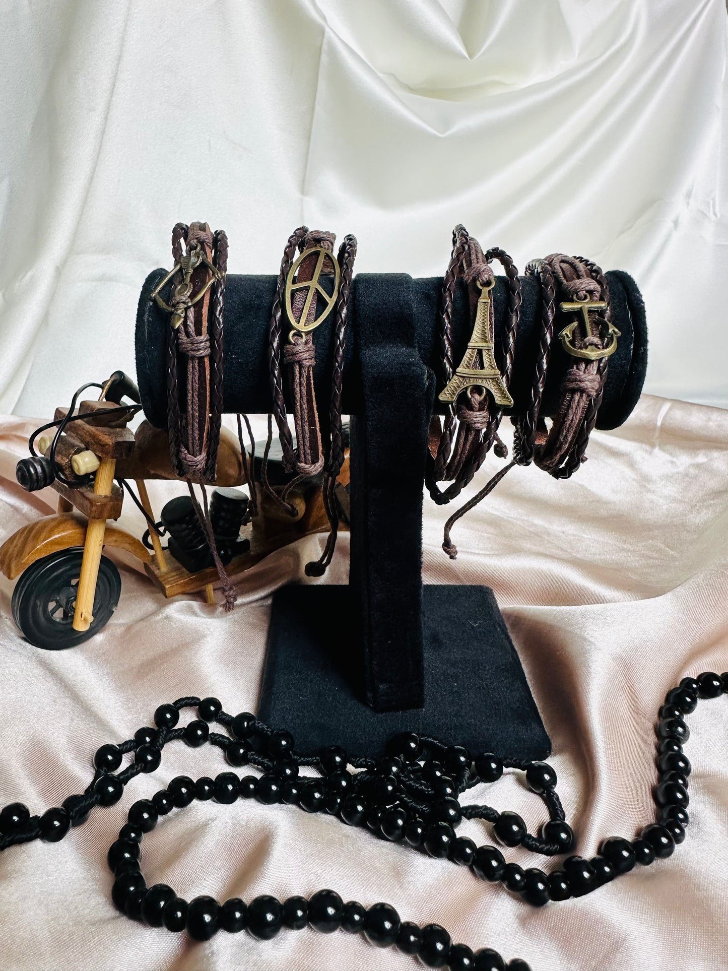 Eiffel Tower Dark Brown Leather Rope Cord Bracelet