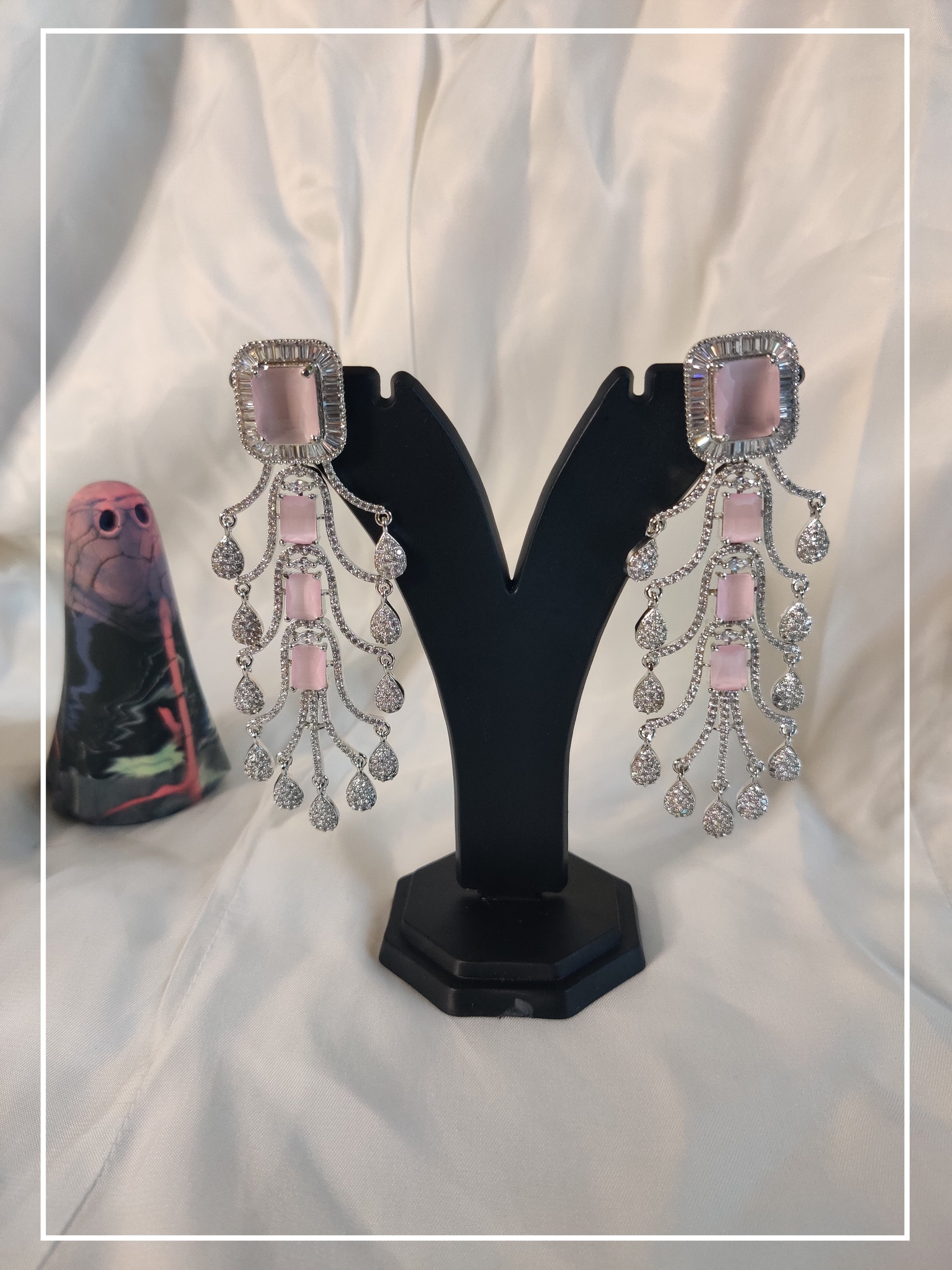 Stunning Long Branch American Diamond Drop Earrings with Baby Pink stone on Silver coloured base 