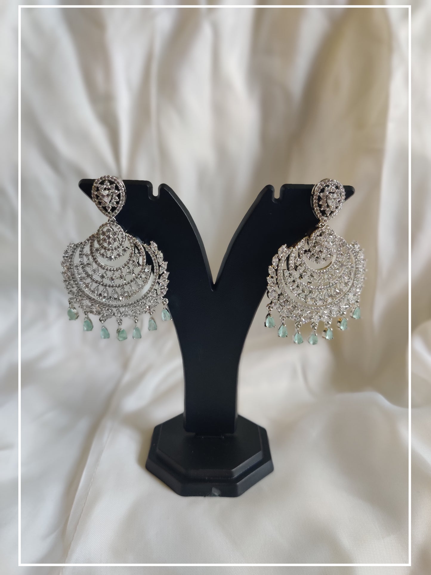 Pista Green Silver base Chandbali AD Drop Earrings