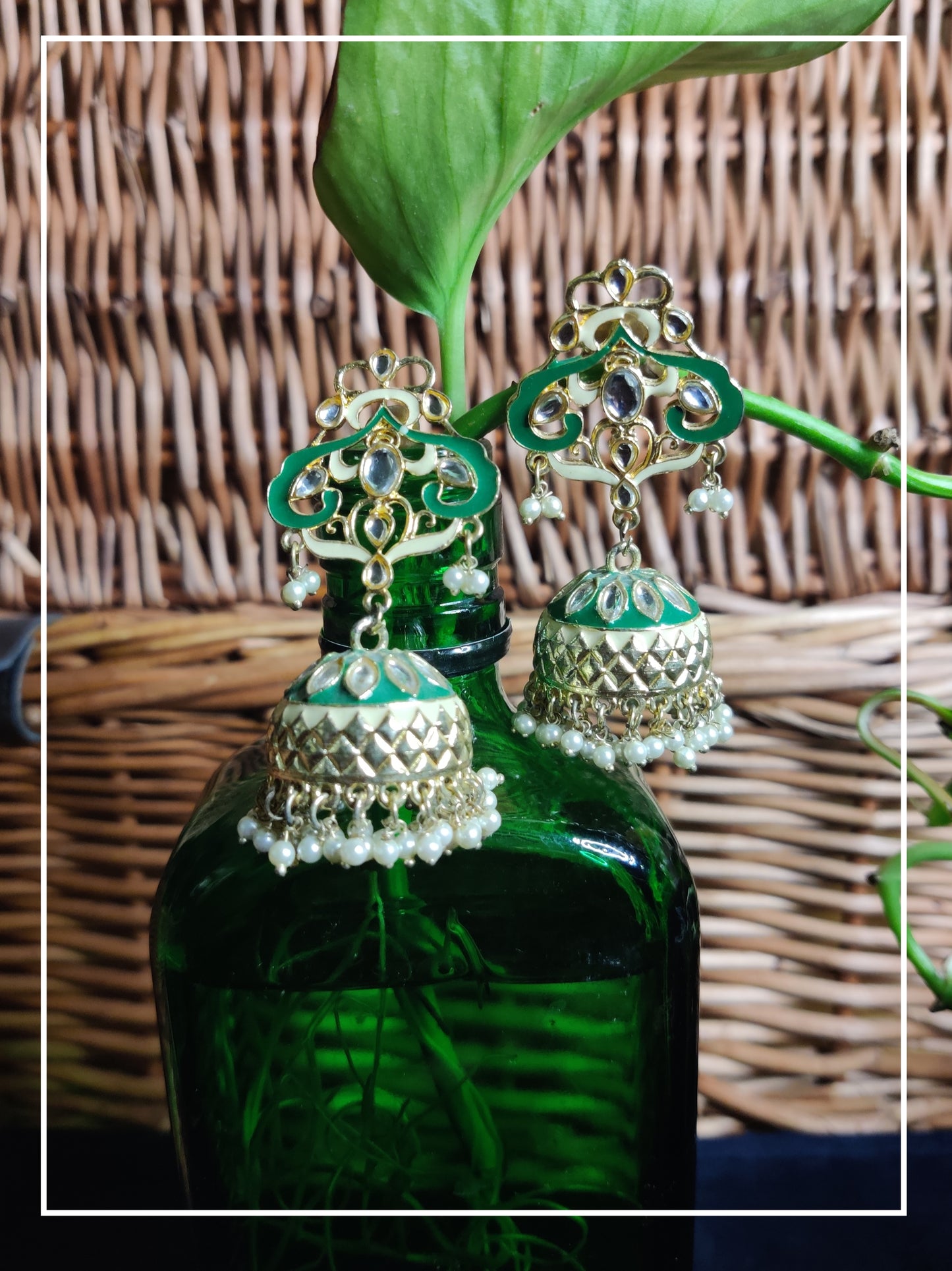 Green and Beige Golden Jhumka with Pearls