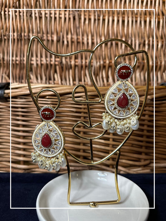 Maroon coloured Chandbali style dangling Earrings with Hanging Pearls and a golden Bengal Tiger embossed on the top | Statement Earrings | Akidat