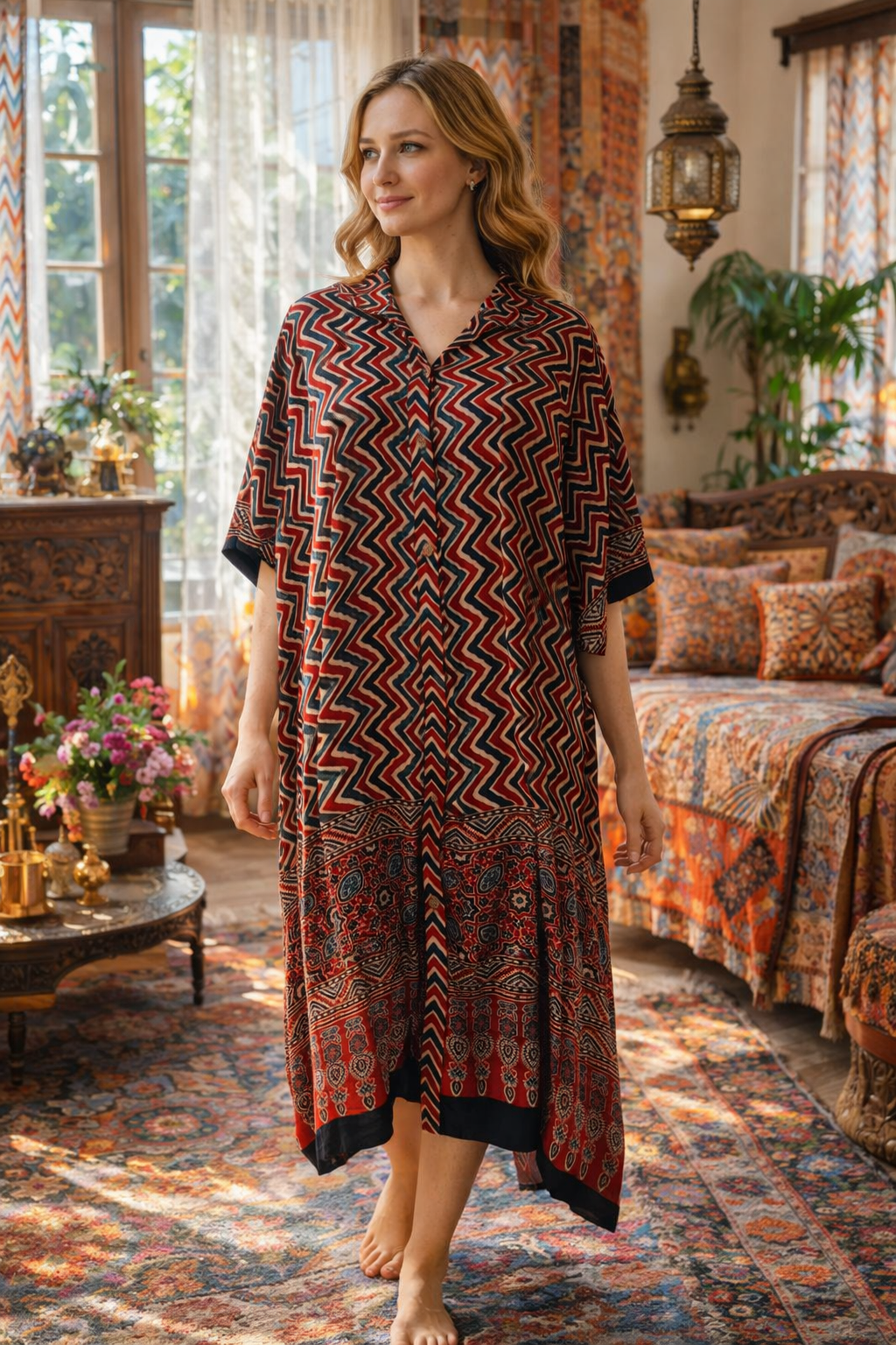 A woman wearing a patterned collared kaftan button-down dress in a decorated room with furniture and decor.