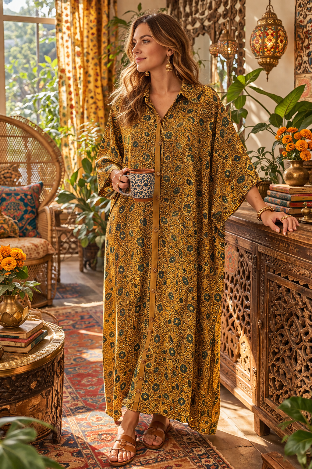 A woman in a yellow floral-patterned kaftan button-down dress holding a cup in a decorative room with plants and furniture.
