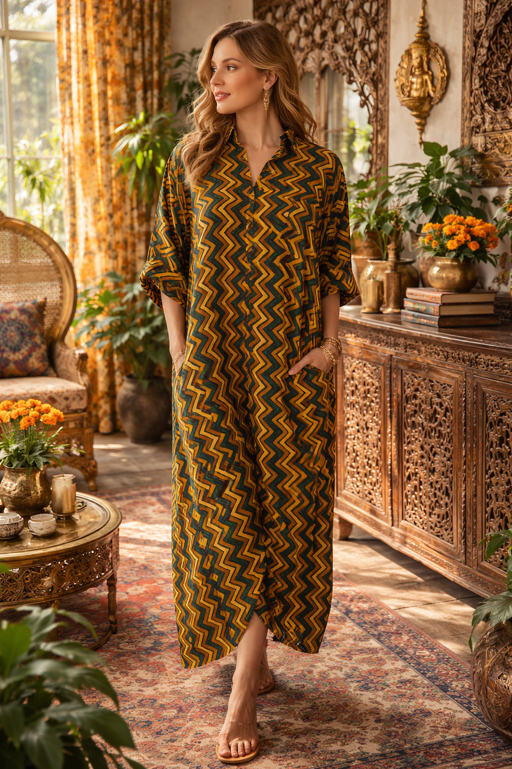 A woman in a zigzag-patterned yellow-green kaftan dress standing in an ornate room with decorative furniture and plants.