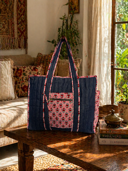 A denim tote bag with a zip with pink patterned cotton patches  is on a wooden table in a home setting.