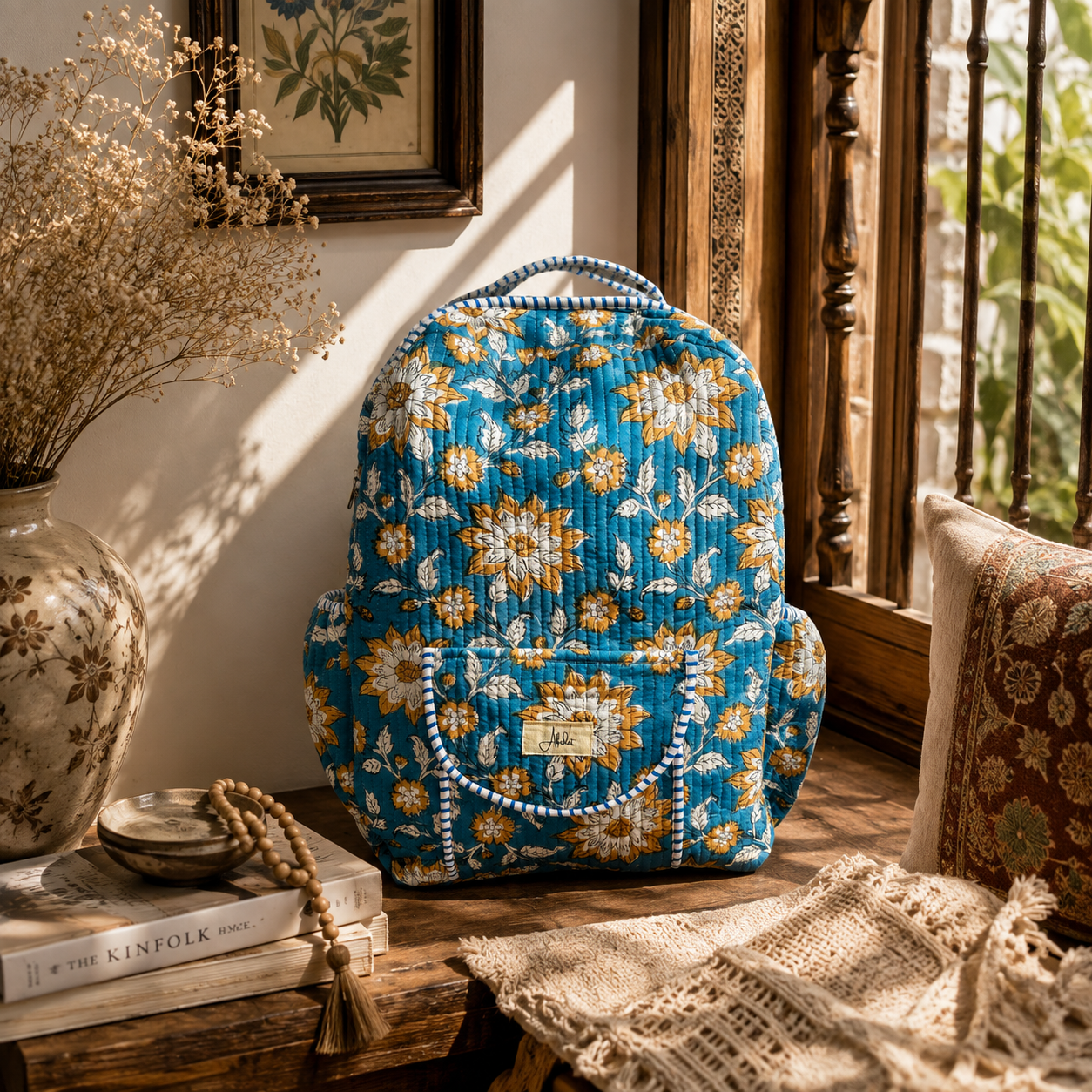 A blue quilted backpack with a brown and white floral pattern, styled on a wooden windowsill with dried flowers, a book, and a woven throw blanket.