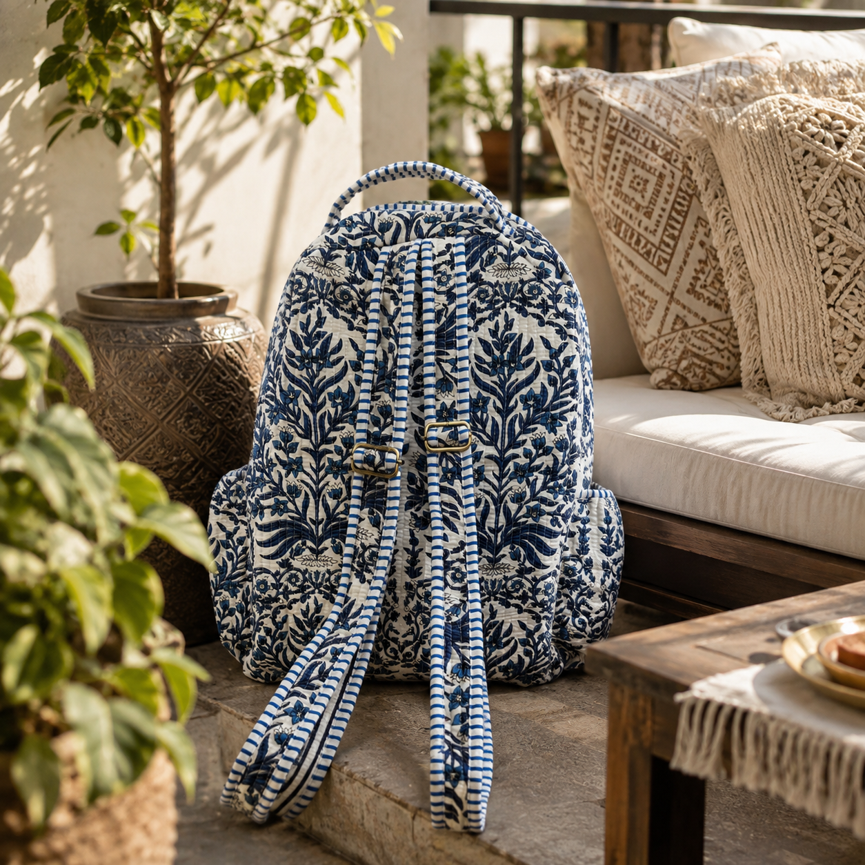 A navy and white floral-patterned backpack with matching adjustable straps with metal adjusters, styled on a stone patio next to a white sofa with patterned pillows and potted plants.