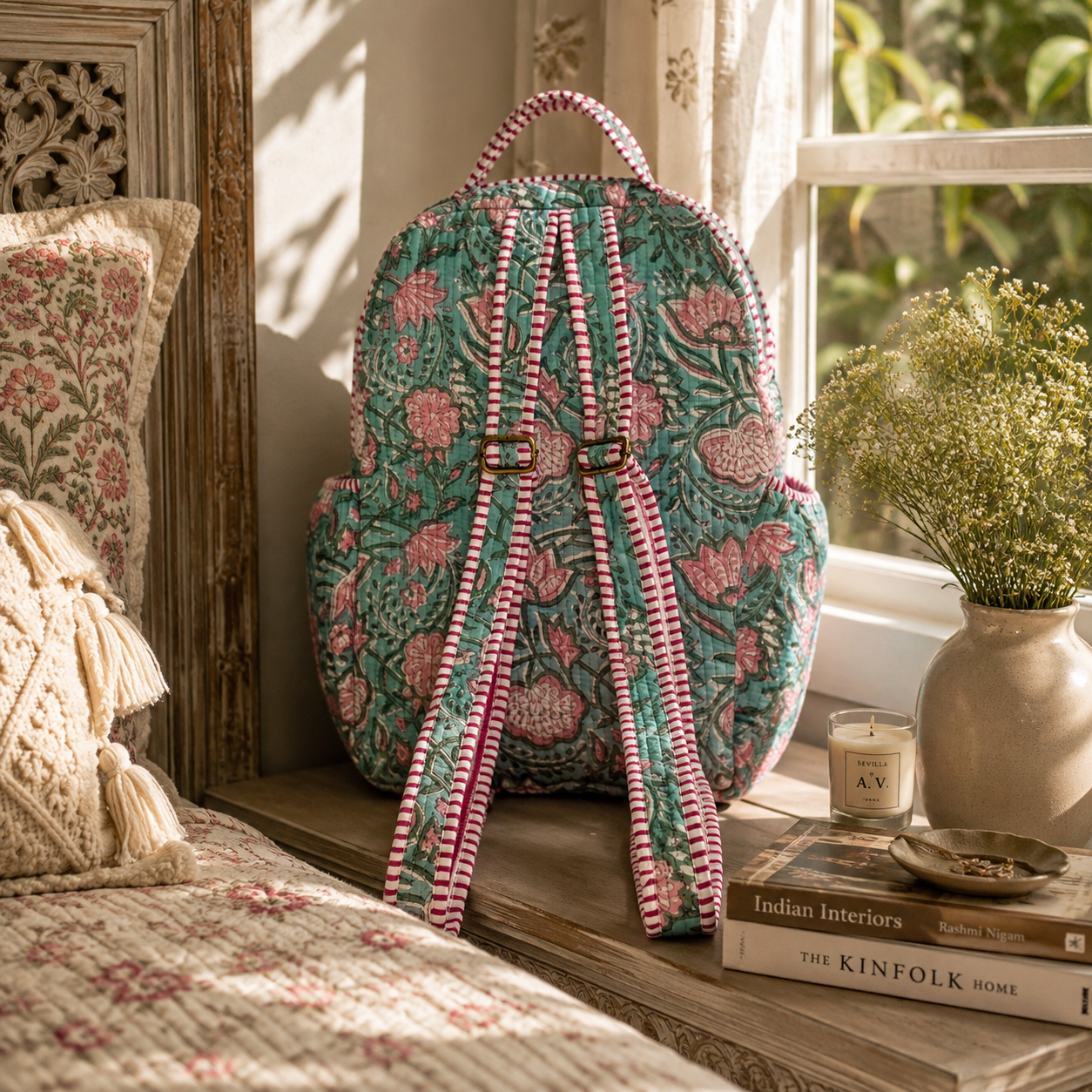 A quilted backpack with a teal and pink floral pattern and striped straps, styled on a wooden windowsill in a cozy, sunlit room.