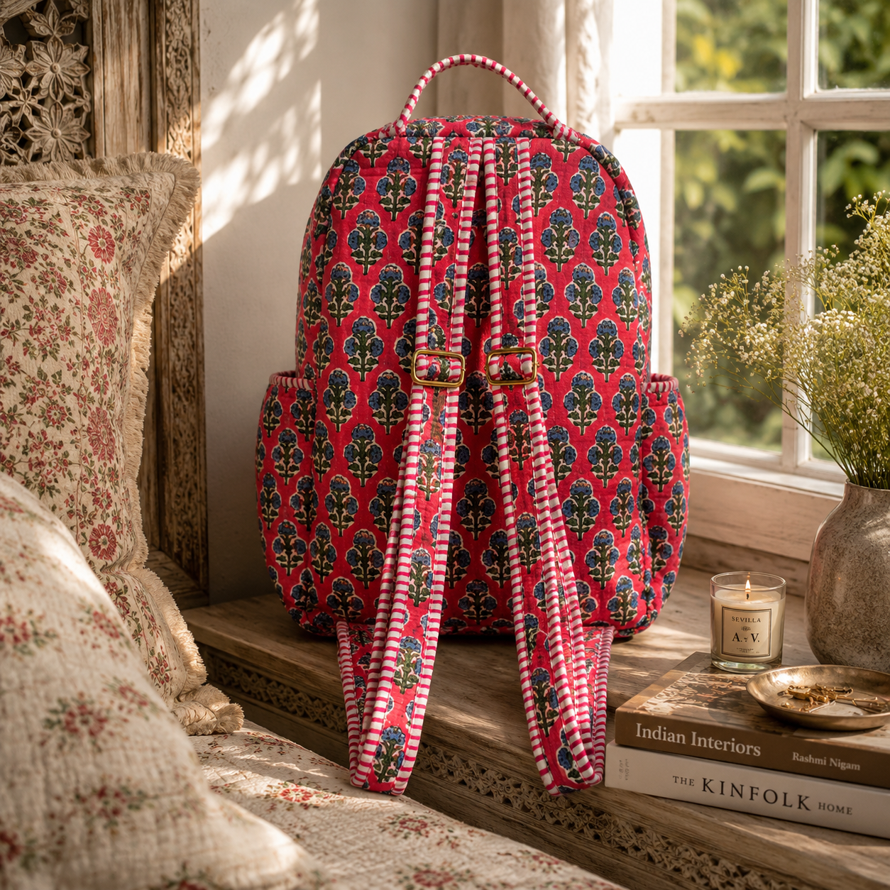 A pink backpack with a repeating blue and green floral pattern, styled on a wooden windowsill in a cozy room setting with a window, pillows, and books.