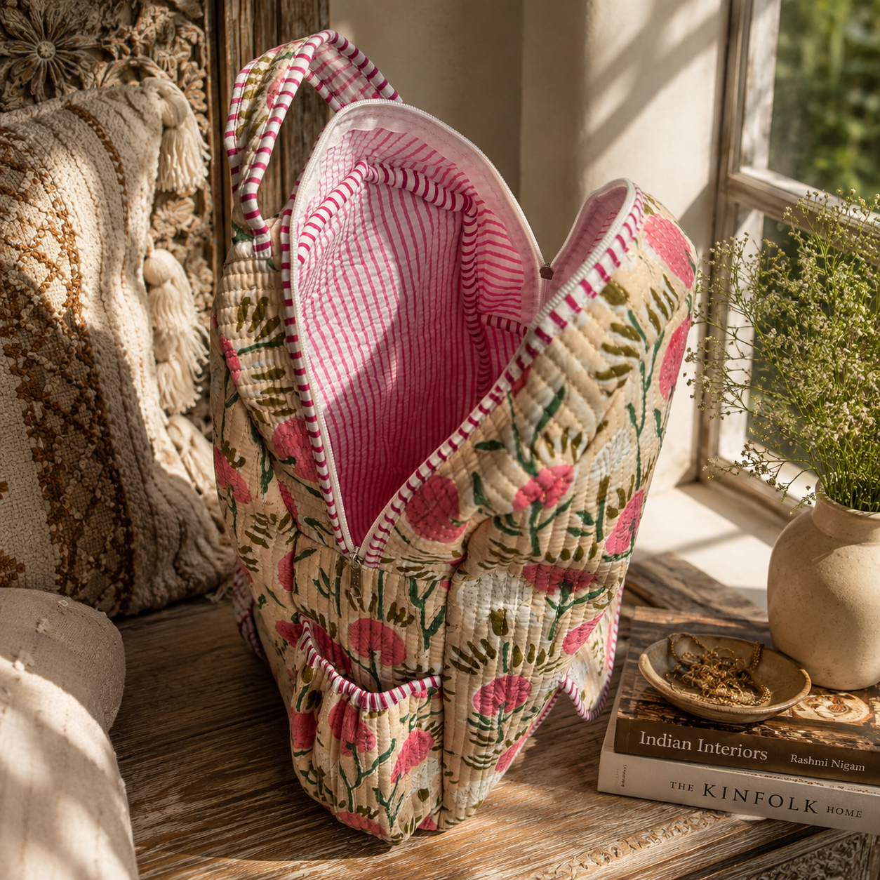 A quilted backpack with a pink and green floral pattern and pink and white stripey interior sits on a wooden windowsill in a sunlit room. The bag has a pink striped interior lining and is styled next to a woven throw blanket, a potted plant, and a book.