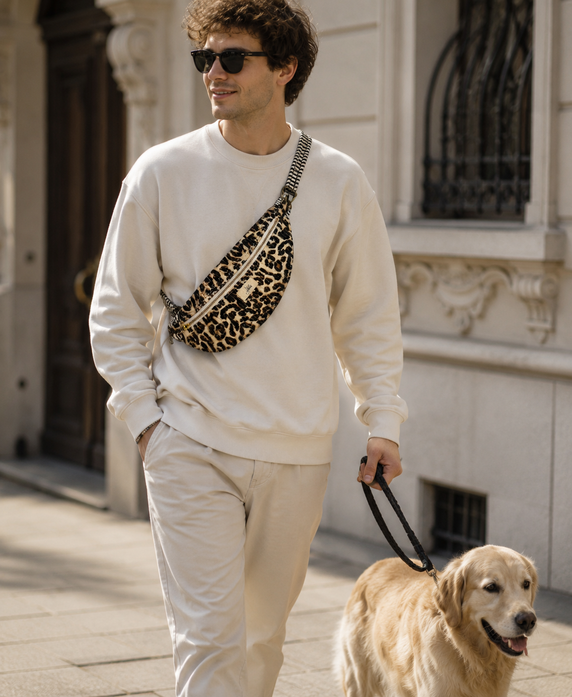 A man wearing a cream sweatshirt and matching trousers walks a golden retriever while wearing a leopard-print fanny pack across his chest. He is wearing black sunglasses and walking on a stone sidewalk in front of a classic building facade.