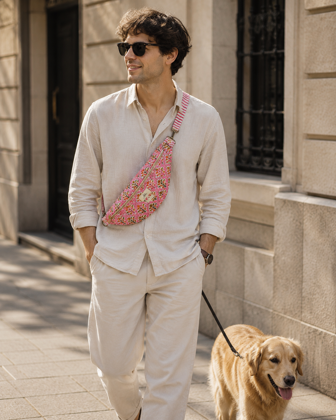 A man wearing a cream linen suit and sunglasses walks a golden retriever on a city sidewalk while wearing a pink floral crossbody bag with a striped strap.