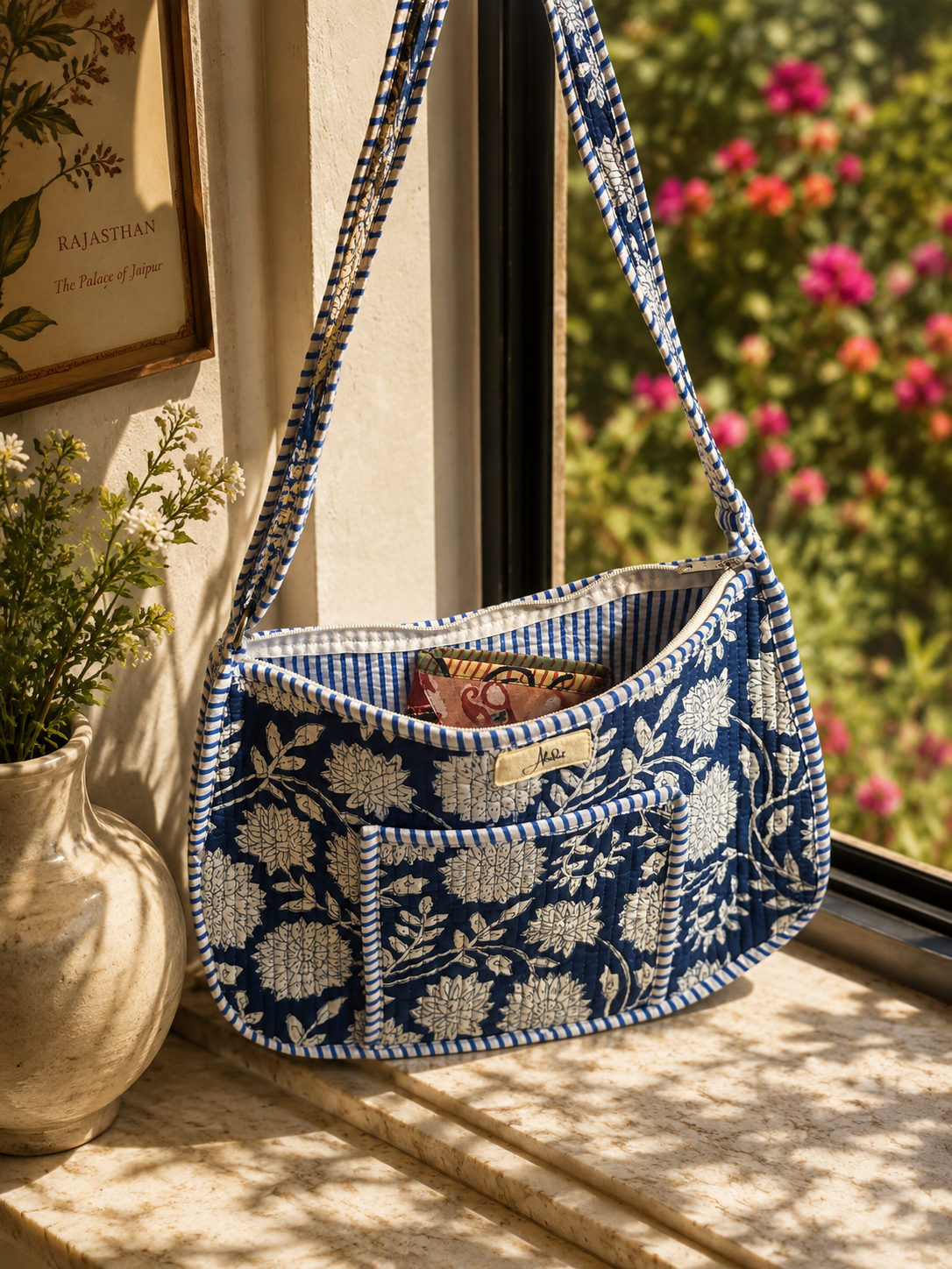 A blue and white floral-patterned crossbody shoulder bag with a striped inner lining with a book inside, hanging on a window ledge next to a potted plant with outdoor greenery and flowers visible in the background.