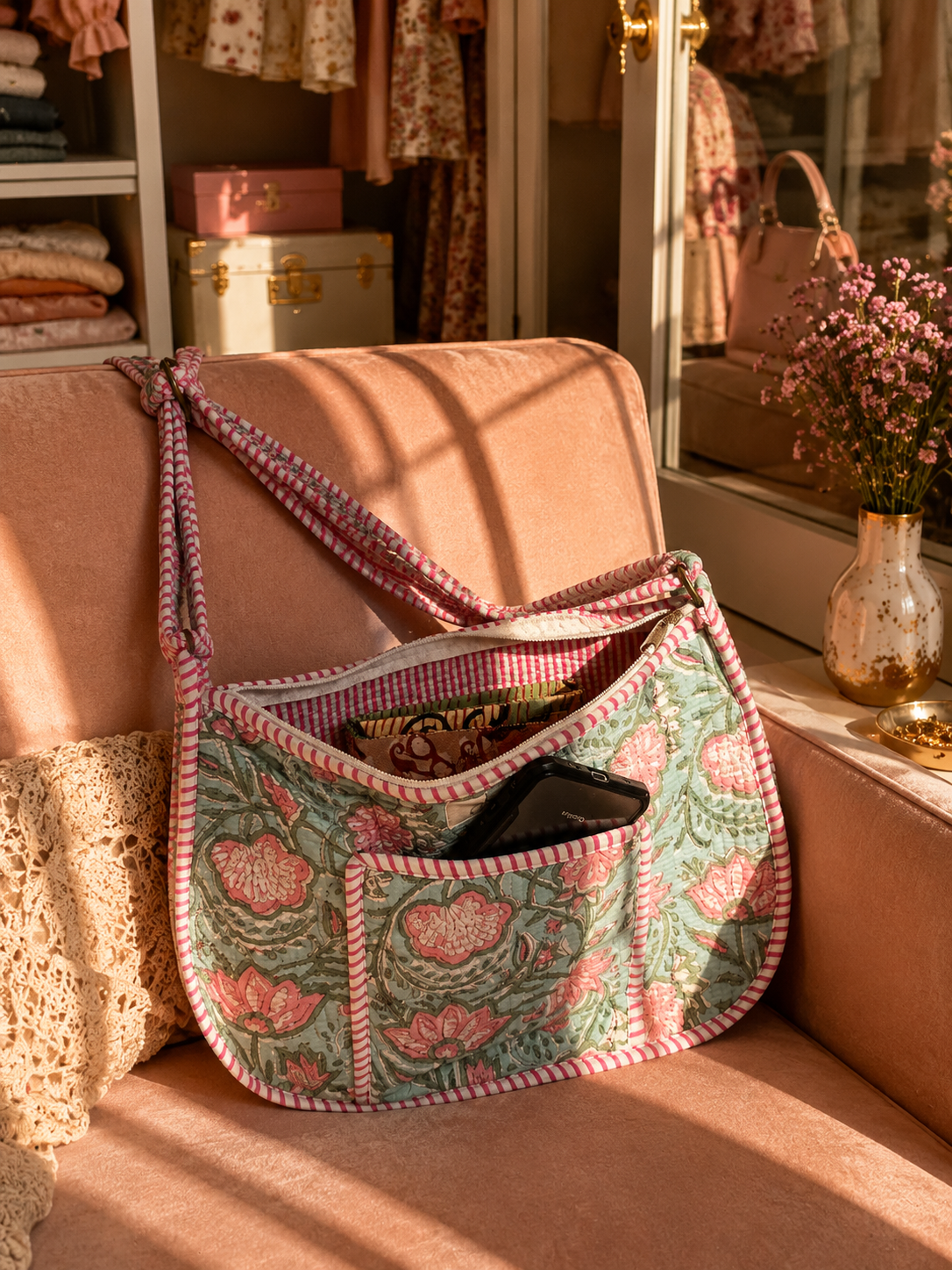 An aqua-coloured quilted fabric crossbody shoulder bag with a pink and green floral pattern and striped trim carrying a notepad inside and a phone in the outer pocket, resting on a dusty pink velvet armchair in a sunlit boutique interior.