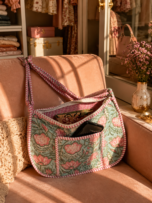 An aqua-coloured quilted fabric crossbody shoulder bag with a pink and green floral pattern and striped trim carrying a notepad inside and a phone in the outer pocket, resting on a dusty pink velvet armchair in a sunlit boutique interior.