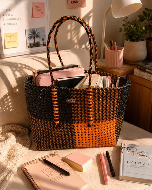 A woven recycled plastic tote bag with black and orange horizontal stripes sits on a beige sofa in a warm, sunlit room. The bag has two top handles and is styled with books, notebooks, and pens, with a desk and lamp visible in the background.