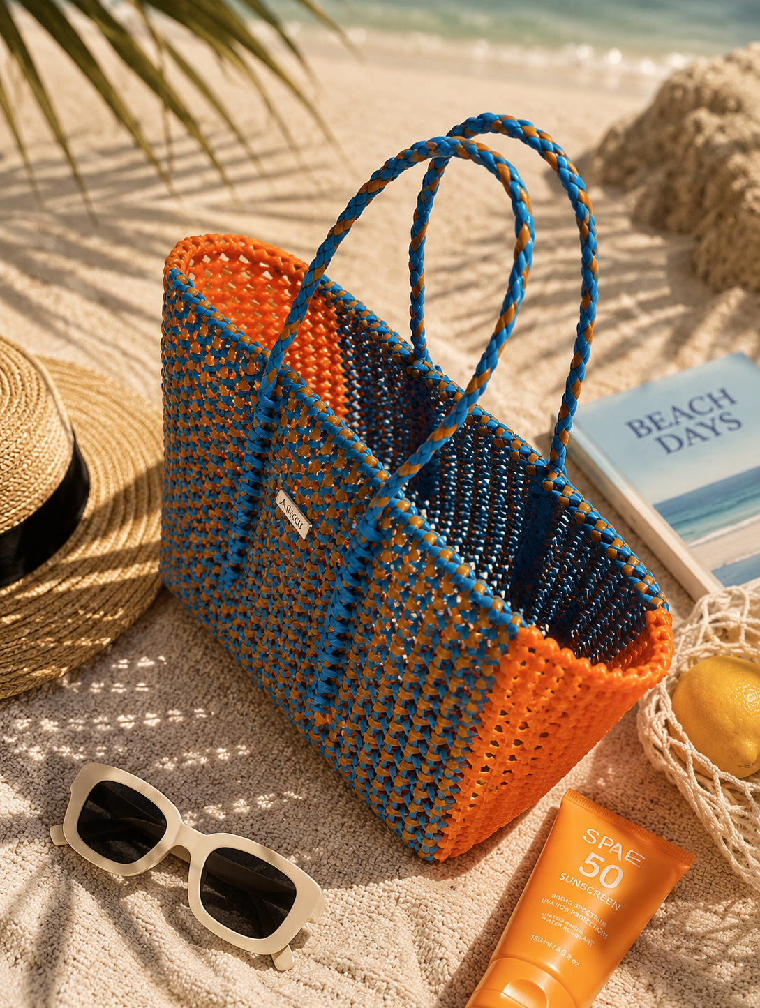 A recycled plastic woven orange and blue bag on sand on the beach with sunglasses, sunscreen, and a book.