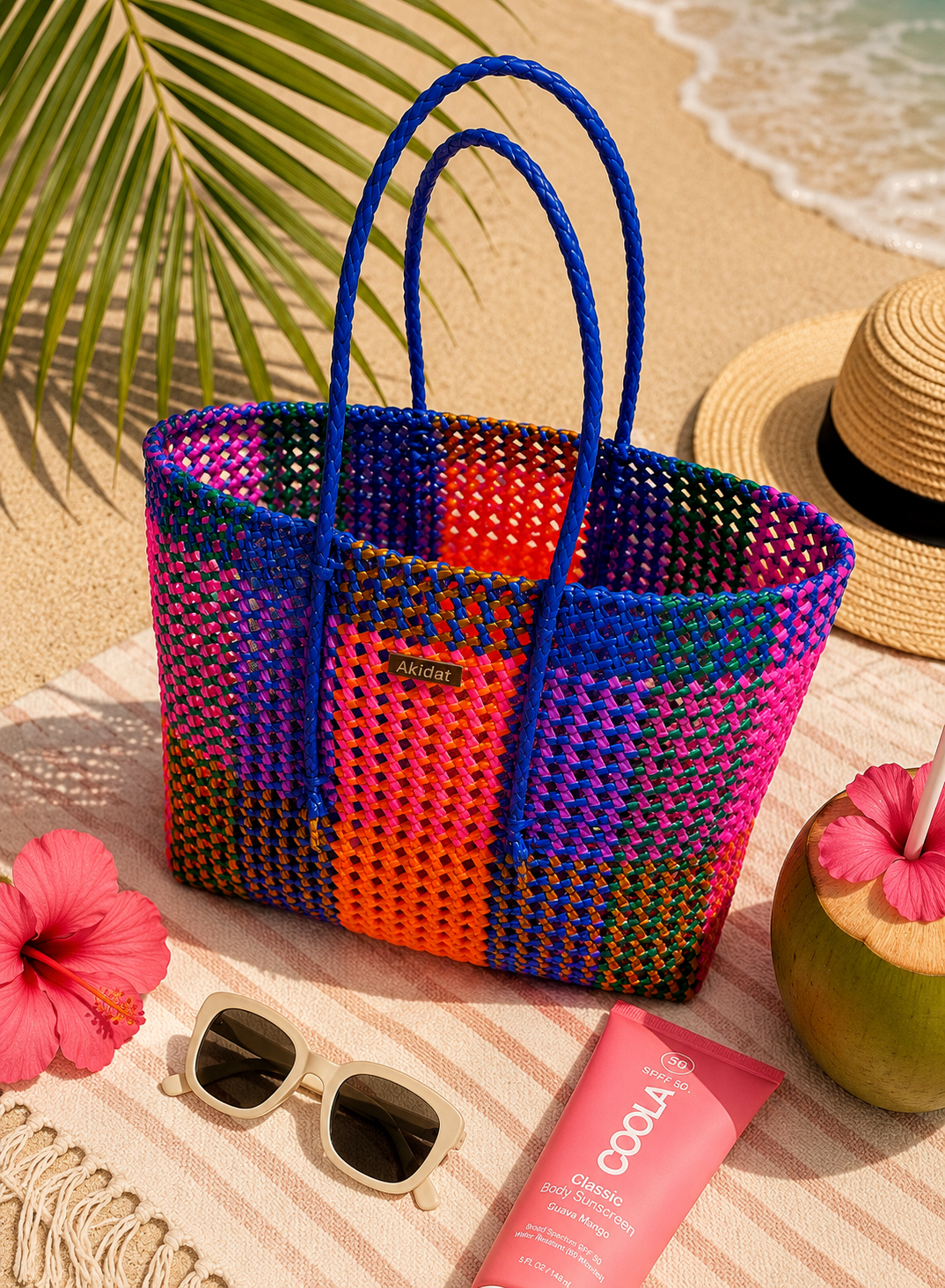 A colourful checked-pattern recycled plastic woven bag on a beach with sunglasses, sunscreen, and a hat.