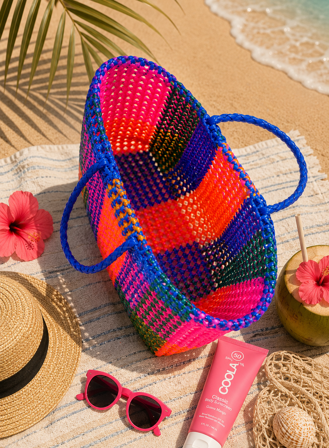 A top view of a colourful recycled plastic woven bag on a sandy beach with a sun hat, sunglasses, and a tube of sunscreen.