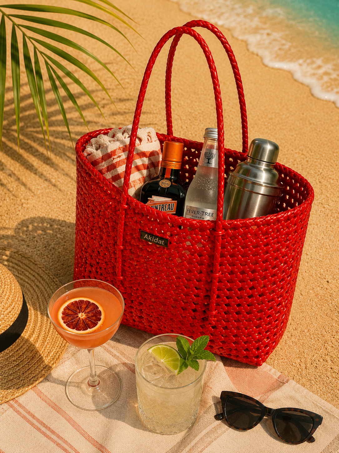 A red woven recycled plastic Koodai bag filled with drinks placed on a beach setting