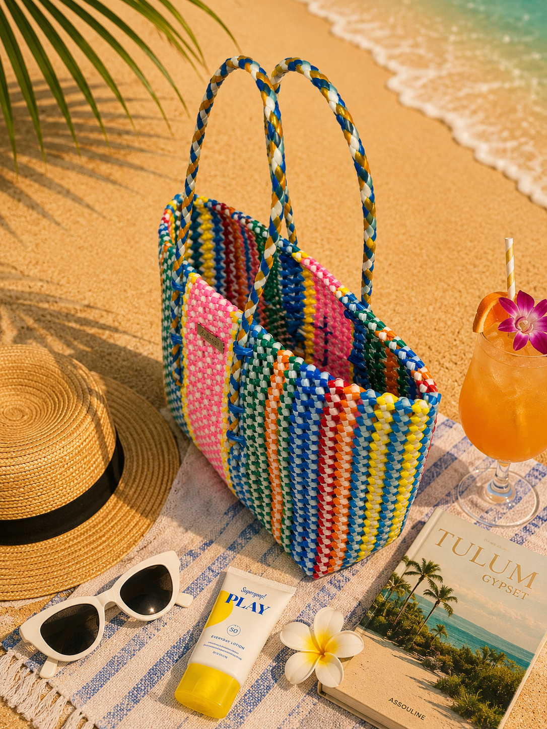 Top view of a multicoloured, stripey, colourful, woven, recycled plastic tote bag on a beach with a hat, sunglasses, sunscreen, and a drink.