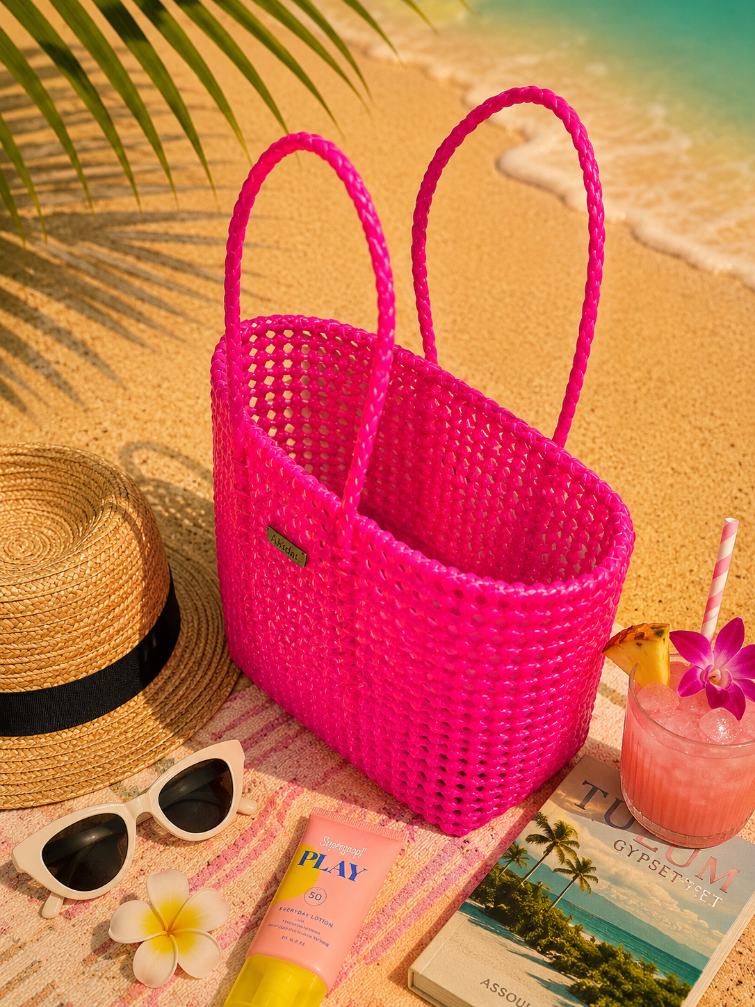 Top view of a pink woven recycled plastic tote bag on a beach with a hat, sunglasses, sunscreen, and a drink.