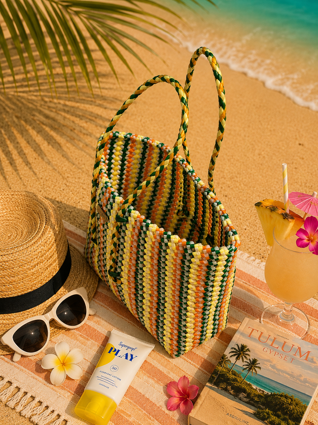 An earthy-style striped beach tote bag made of recycled plastic with sunglasses, hat, and drink in a tropical setting