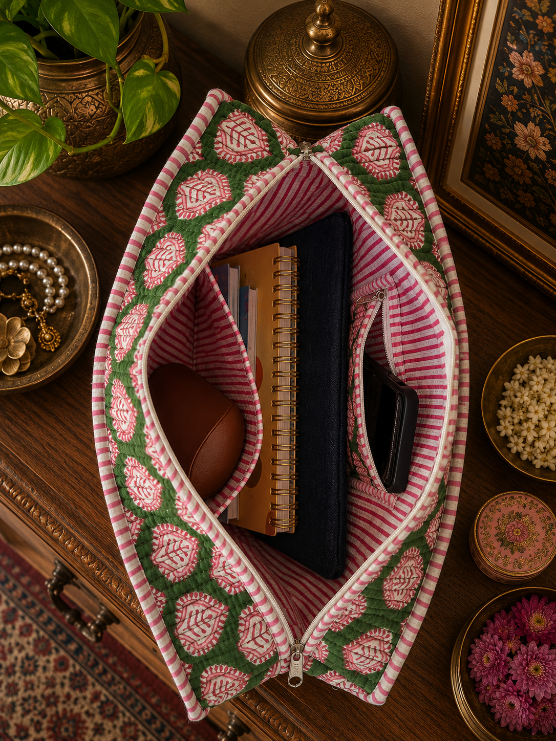 A quilted tote bag with a zip and green and pink patterns on a wooden surface. The zip is open and inside the bag are laptop sleeves, notebooks, sunglass cover and mobile phone. 