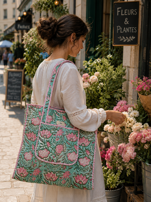 A woman with a sea green-coloured floral quilted tote bag standing in front of a flower shop
