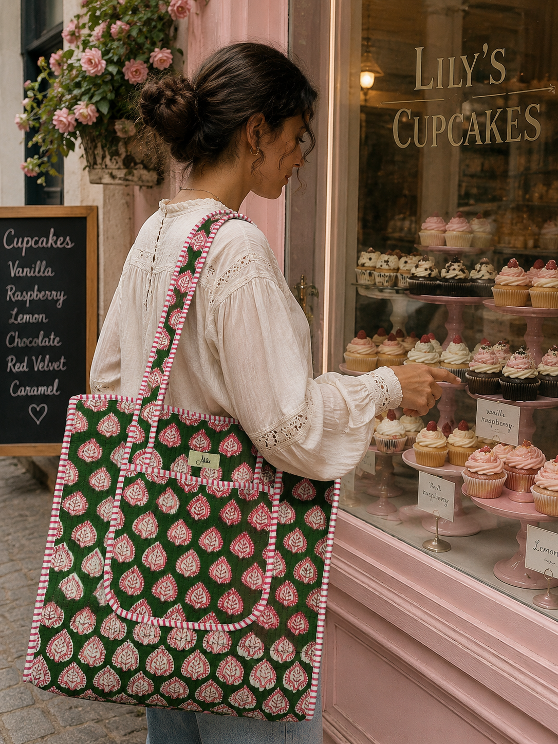 A woman with an indie-patterned quilted tote bag in front of a cupcake shop