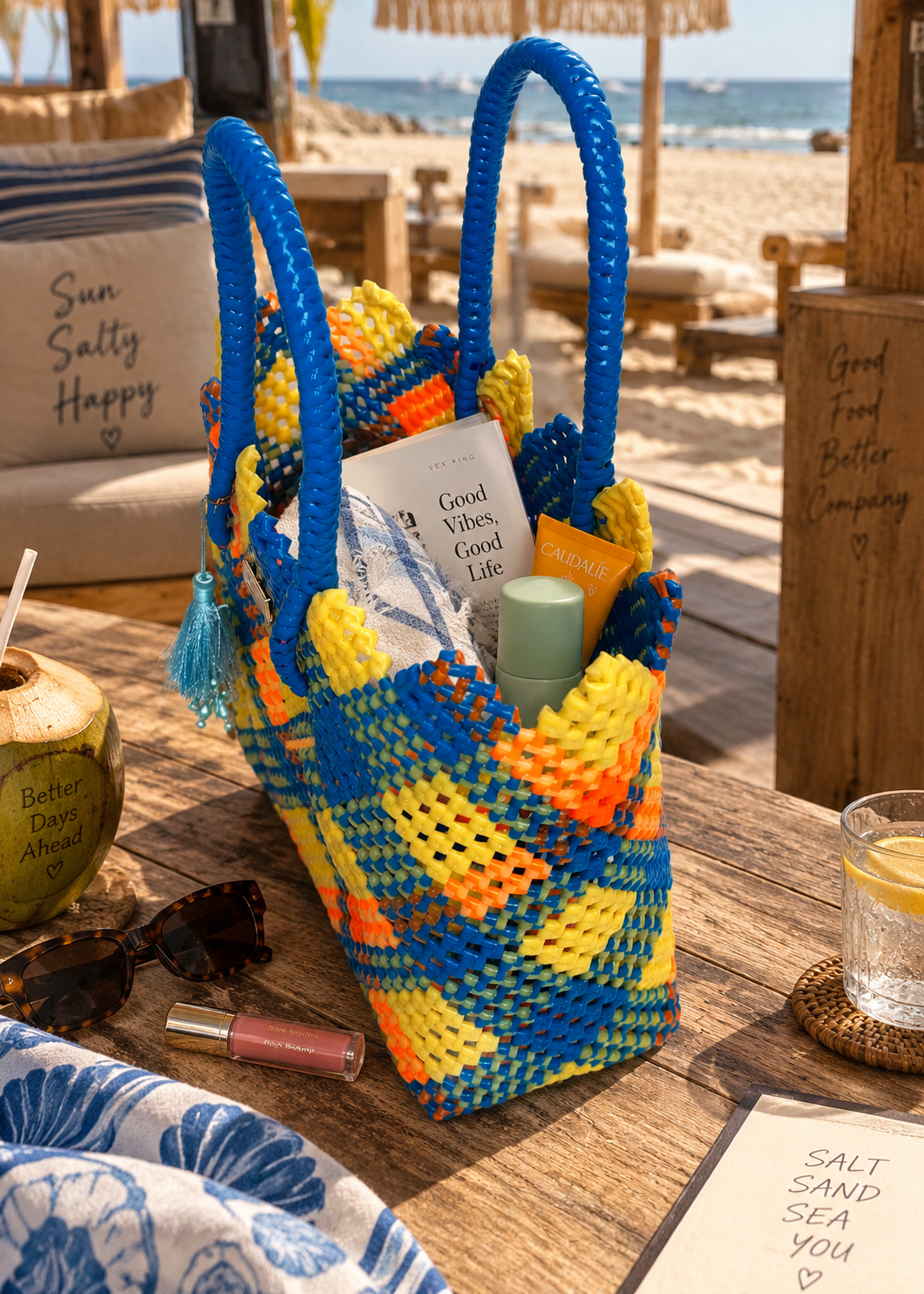 A colorful woven Recycled plastic tote bag with bright blue handles sits on a wooden table at a beachside lounge, surrounded by sunglasses, a drink, and sunscreen. The bag features a geometric pattern in blue, yellow, orange, and white.