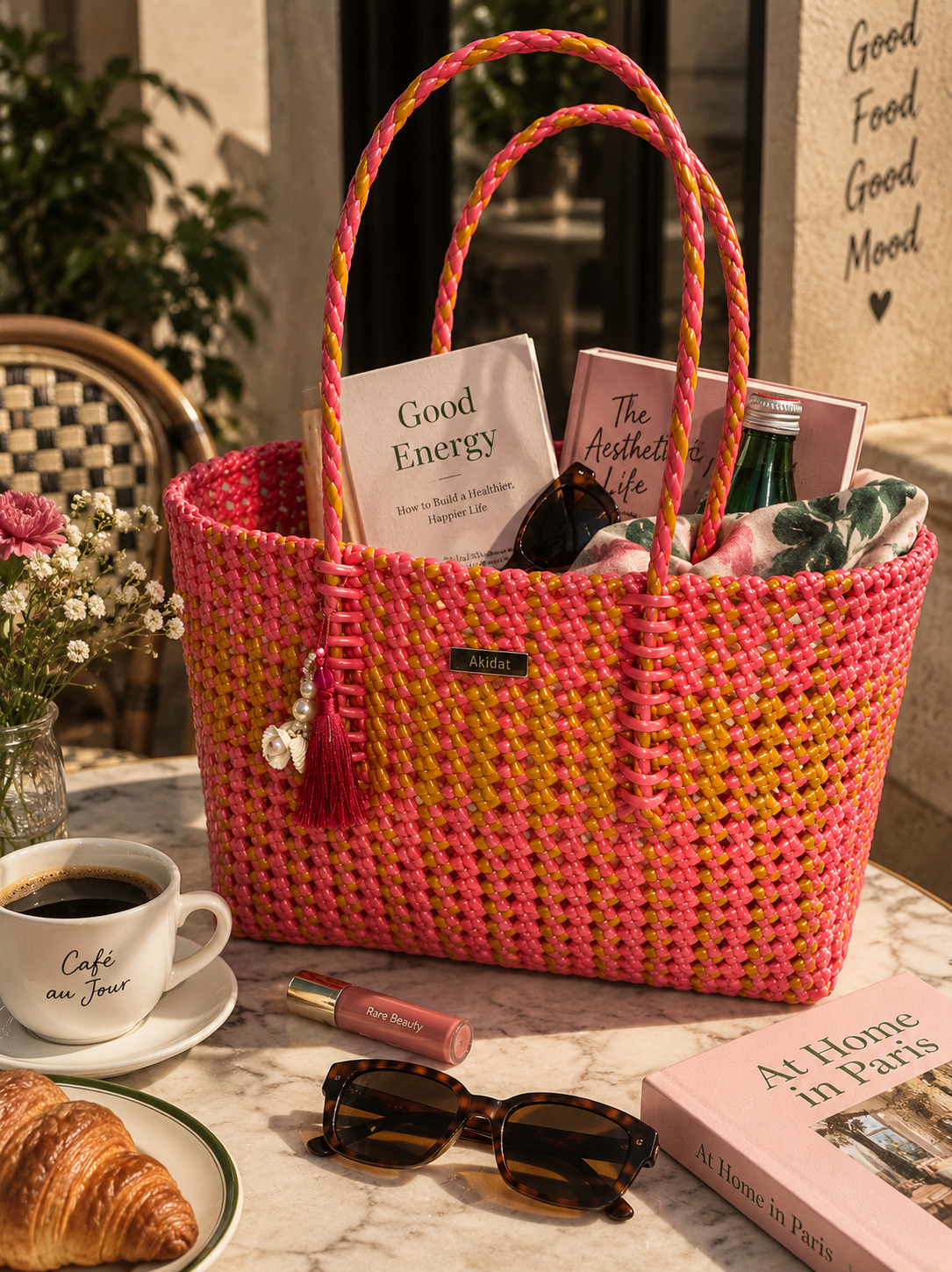 A woven recycled plastic tote bag in pink and yellow sits on a marble table surrounded by lifestyle props, including a coffee cup, croissant, sunglasses, and books.