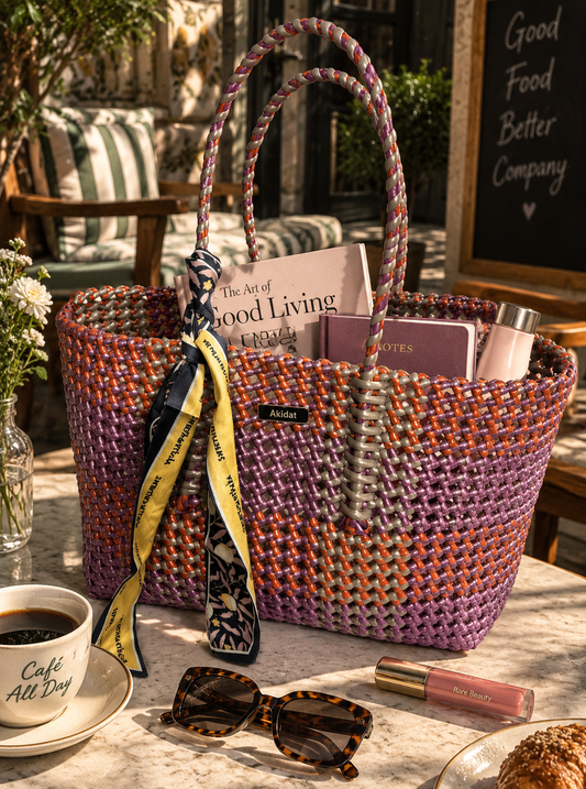 A woven recycled plastic tote bag with multicolour handles and a purple lower half sits on a cafe table, styled with a scarf, sunglasses, a cup of coffee, and other lifestyle props.
