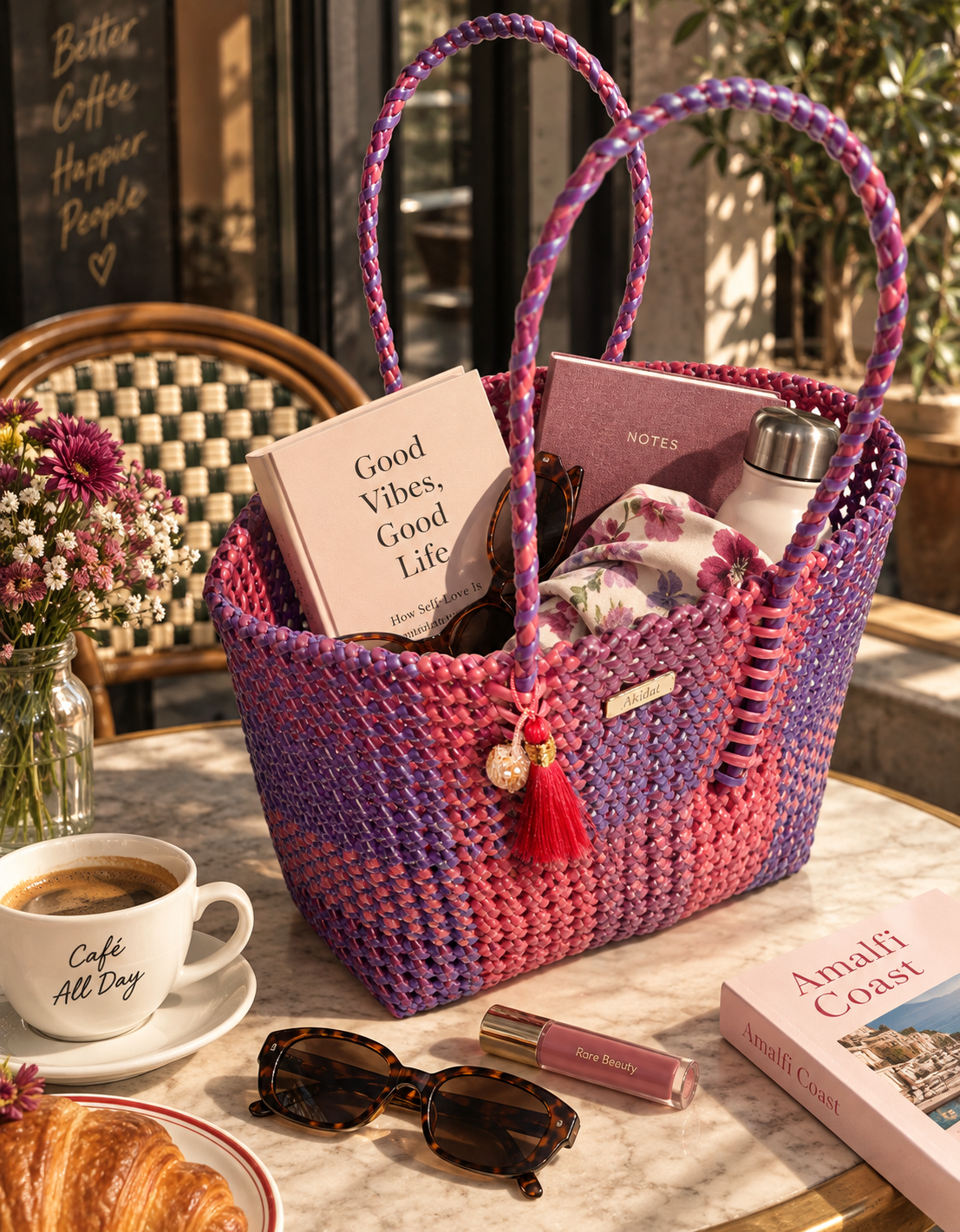 A colorful woven recycled plastic tote bag in pink and purple sits on a marble table in a cafe setting, filled with books, sunglasses, a notebook, and a water bottle. A cup of coffee, flowers, and a croissant are visible around it.