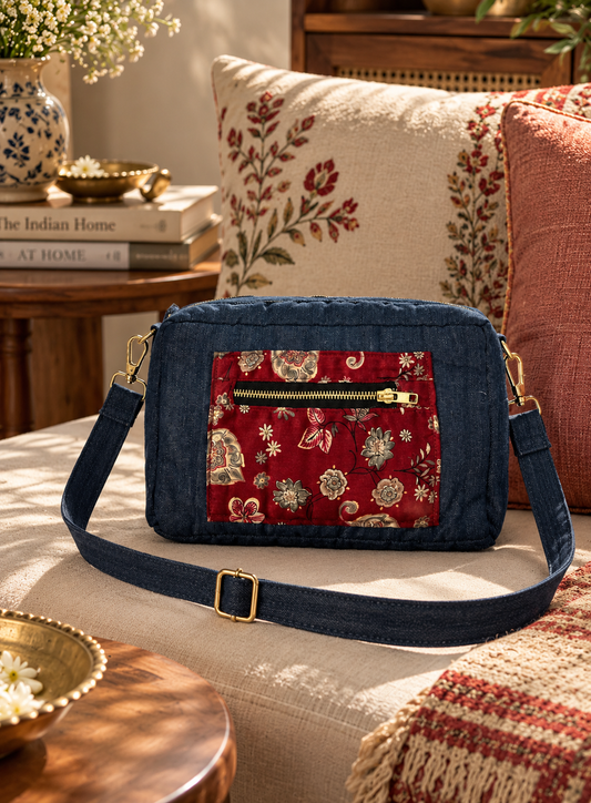 A denim sling bag with a cotton patchwork and adjustable strap rests on a couch with cushions, coffee table books, flowers in a beautiful home setting. 