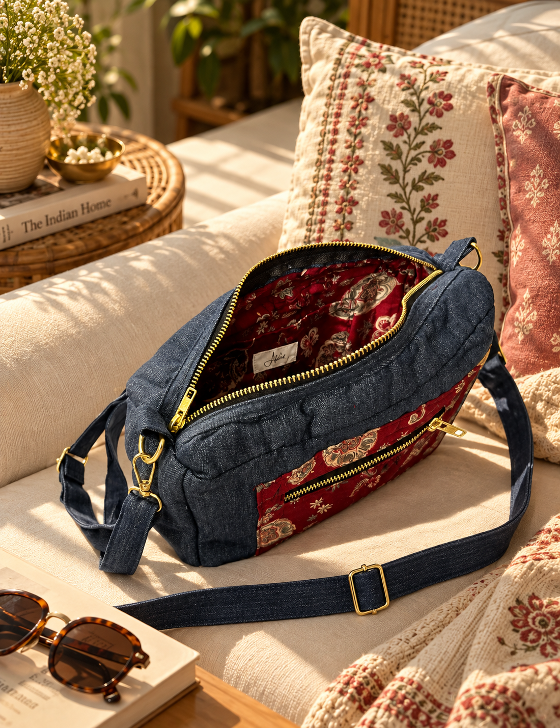 A denim sling bag with a cotton patchwork and open zipper and adjustable strap rests on a couch with cushions, coffee table books, sunglasses, and flowers in a beautiful home setting. 