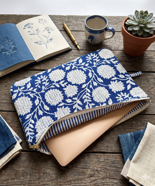 A quilted laptop sleeve with a cobalt blue base colour and a white floral pattern is carrying a laptop placed on a wooden study table with houseplants, a coffee mug, a notebook, cloth pieces and a pen.