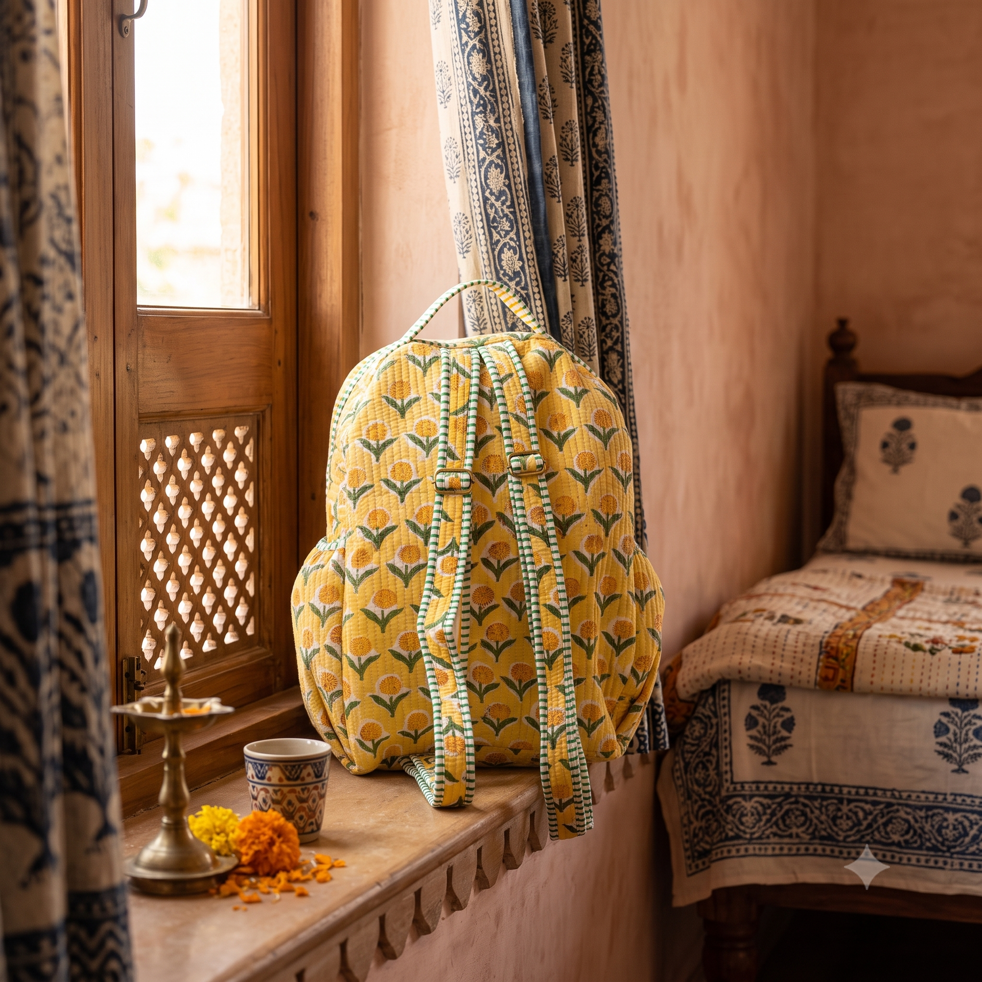A yellow fabric quilted backpack with a floral print and green leaf motifs, with adjustable straps with metal adjusters sits on a wooden windowsill in a warm, rustic bedroom setting with patterned curtains and a bed in the background.