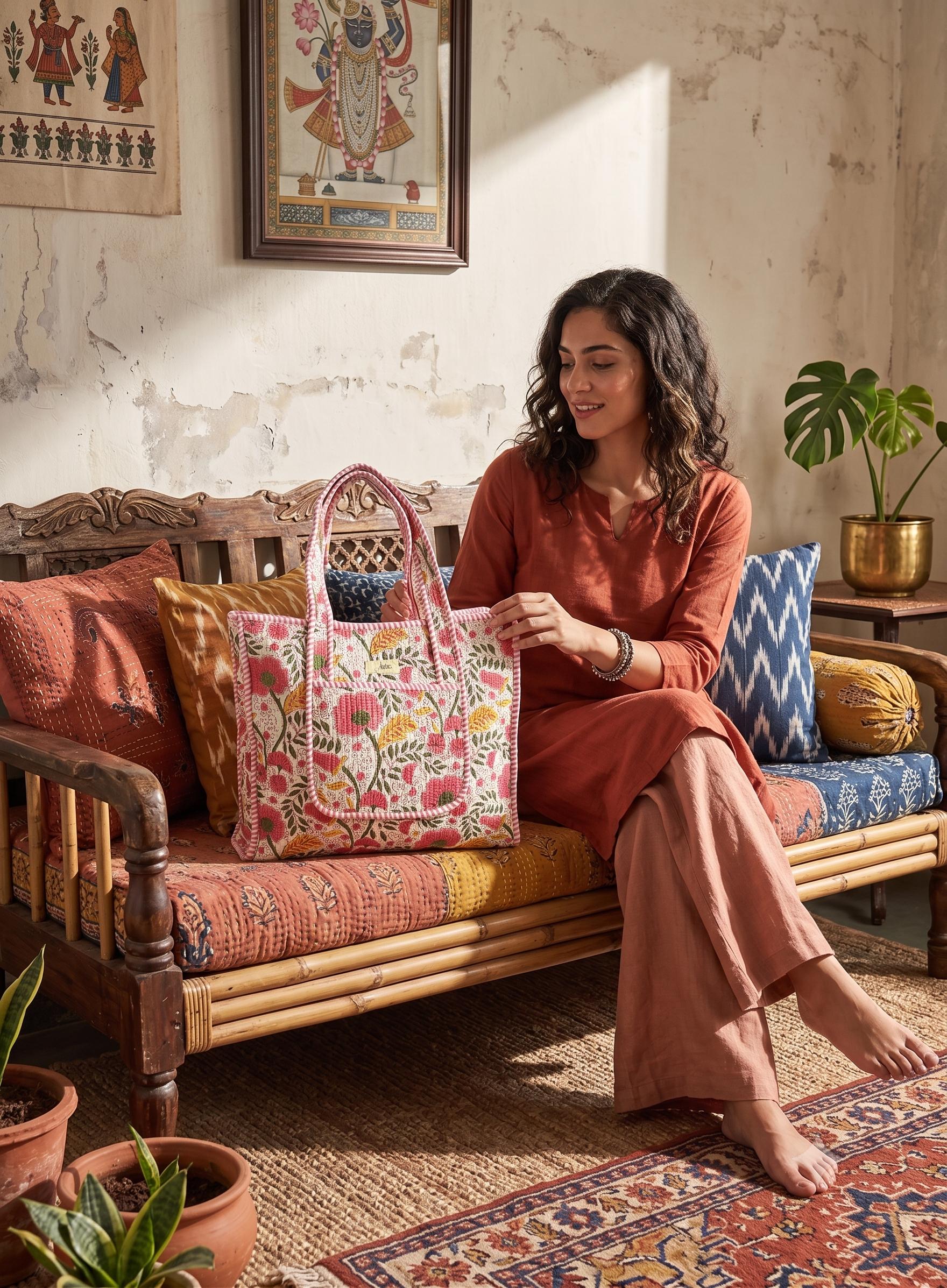 A woman in a rust-orange kurta sits on a wooden sofa in a rustic room, holding a large floral quilted tote bag with pink handles. The scene is decorated with patterned cushions, framed wall art, and potted plants.