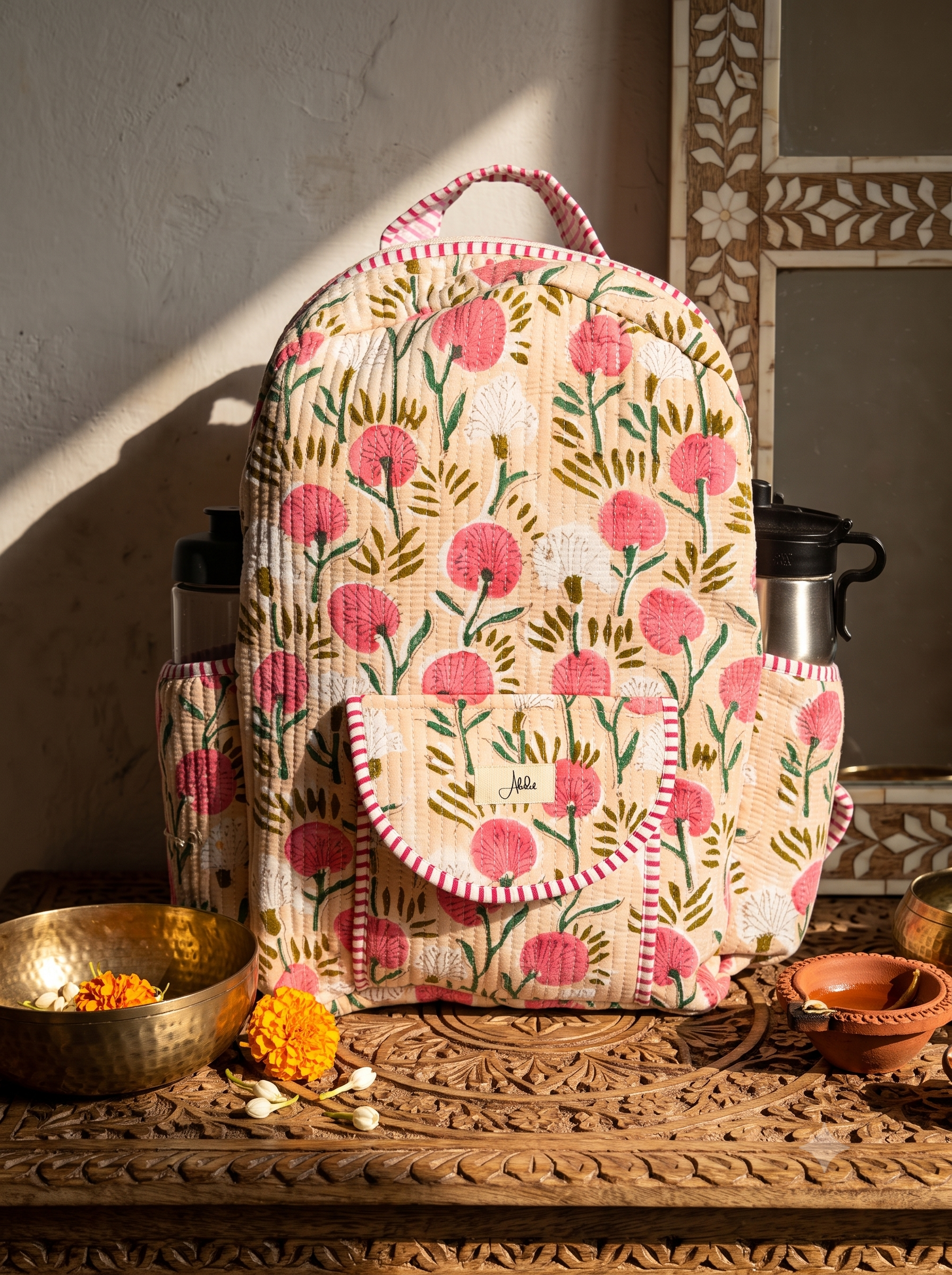 A floral backpack with pink and green  flowers on a peach background, styled on a carved wooden table with metal water bottles, brass and clay bowls, and warm sunlight casting shadows.